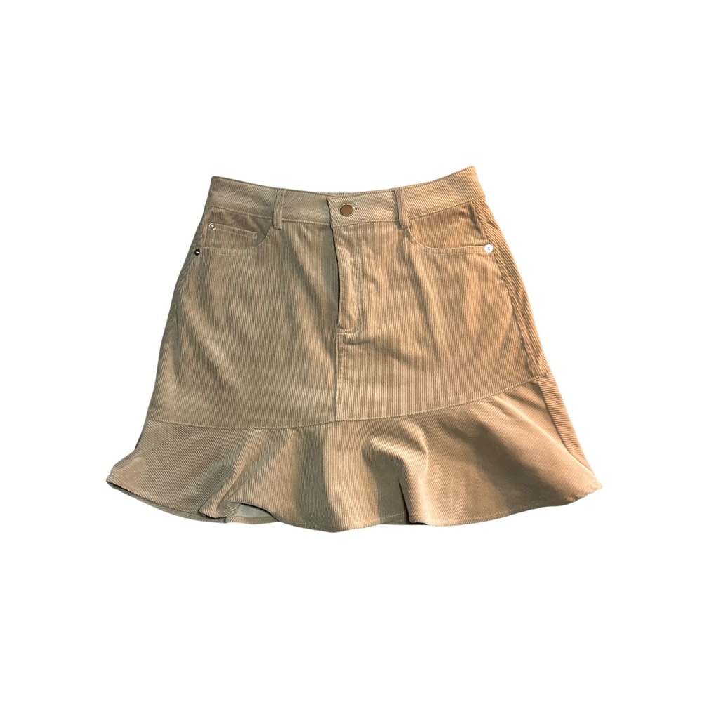 Tan Corduroy Ruffle Hem A-Line Mini Skirt 2 Academia‎ Preppy Classic